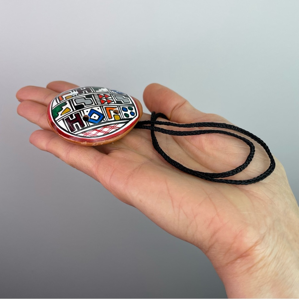 Peruvian Clay Ocarina Flute Necklace with Geometric Motif - Picture 4 of 6